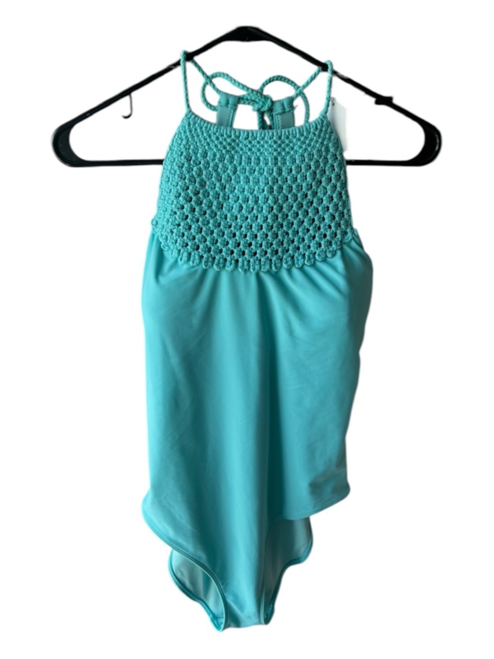 teal one-piece swimsuit featuring macrame detail